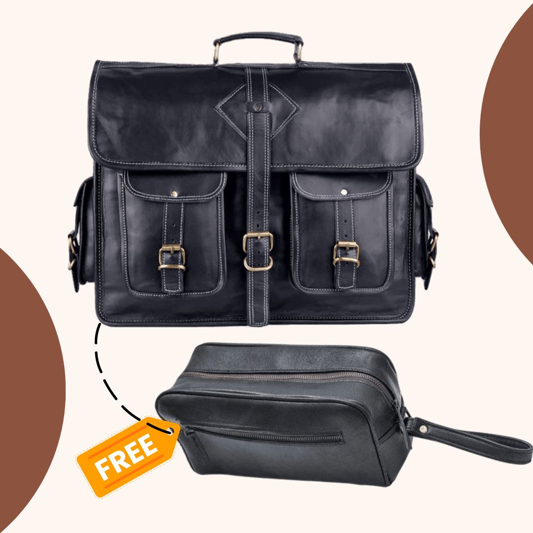 Black leather messenger bag by Classy Leather Bags with a free toiletry bag, shown in an Instagram post image.