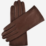 Brown Isabella Italian lambskin leather winter gloves with cashmere lining showing elegant stitching and snug fit.