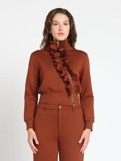 Gracia Fashion Women's Highneck Scuba Assymetrical Ruffled Zip Jacket