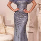 Cinderella Divine J818 Gathered Tulle Off the Shoulder Fitted Gown