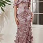 Ladivine J832 Long Floral Print Fitted Off the Shoulder Gown with Slit
