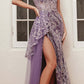 Cinderella Divine J847 Long Fit And Flare Glitter Print Gown with Side Peplum