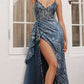 Cinderella Divine J847 Long Fit And Flare Glitter Print Gown with Side Peplum