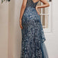 Cinderella Divine J847 Long Fit And Flare Glitter Print Gown with Side Peplum