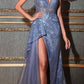 Cinderella Divine J847 Long Fit And Flare Glitter Print Gown with Side Peplum
