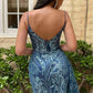 Ladivine J856 Floor Length Fit and Flare Glitter Print Gown Side Peplum