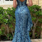 Ladivine J856 Floor Length Fit and Flare Glitter Print Gown Side Peplum