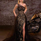 Ladivine J869 Long Fitted Tulle One Shoulder Strap Illusion Neck Gown