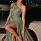Ladivine J869 Long Fitted Tulle One Shoulder Strap Illusion Neck Gown