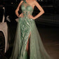 Ladivine J869 Long Fitted Tulle One Shoulder Strap Illusion Neck Gown