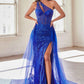 Ladivine J869 Long Fitted Tulle One Shoulder Strap Illusion Neck Gown
