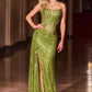 Ladivine J872 Long Strapless Glitter Embellished Leg Slit Evening Gown
