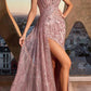 Ladivine J872 Long Strapless Glitter Embellished Leg Slit Evening Gown