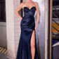 Ladivine J899 Sleek Fitted Gown Strapless Luxe Satin With Leg Slit