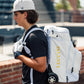 Luccini white wheeled gear bag with durable zippered storage and rolling wheels