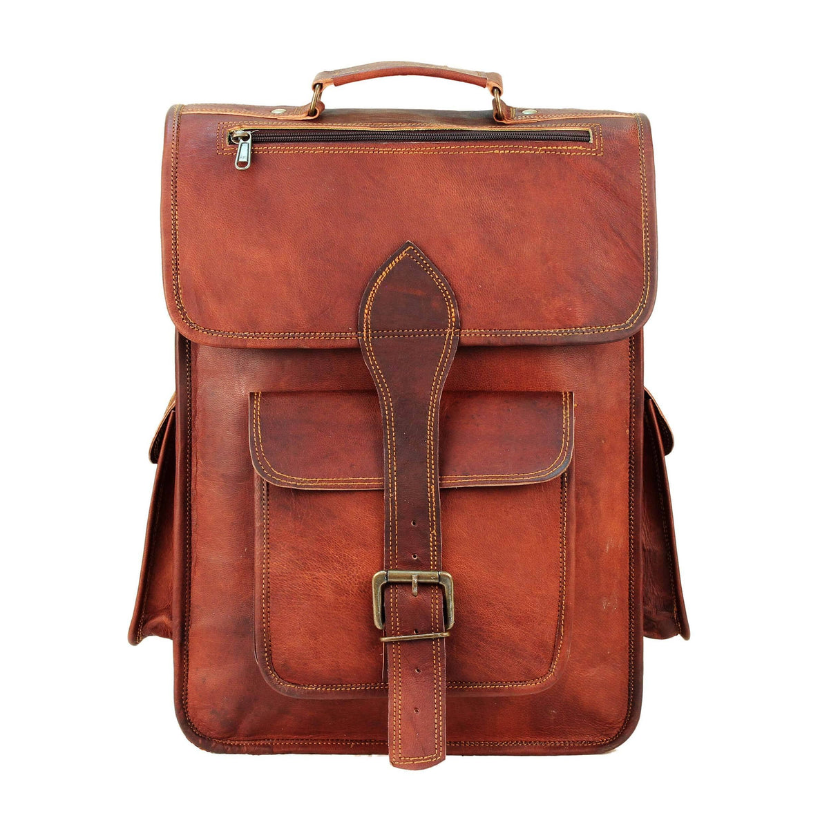 Rustic leather backpack from Classy Leather Bags featuring adjustable straps and multiple compartments.