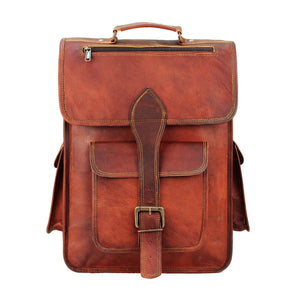 Rustic leather backpack from Classy Leather Bags featuring adjustable straps and multiple compartments.