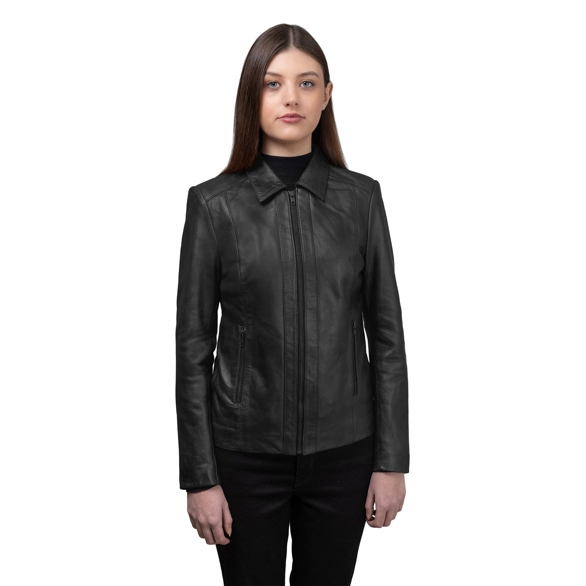 Whet Blu NYC Fleur women's black lambskin leather jacket front view