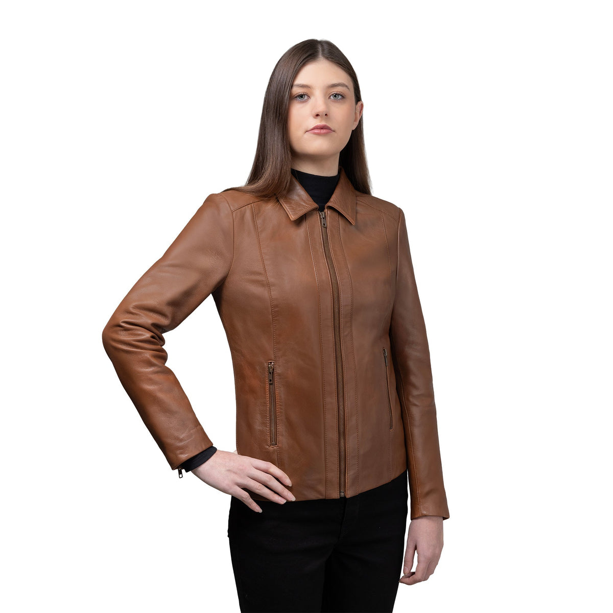 Whet Blu NYC Fleur women's whiskey lambskin leather jacket front view