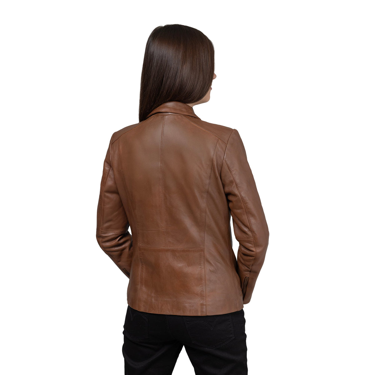 Whet Blu NYC Fleur women's whiskey lambskin leather jacket with front zip and tailored fit