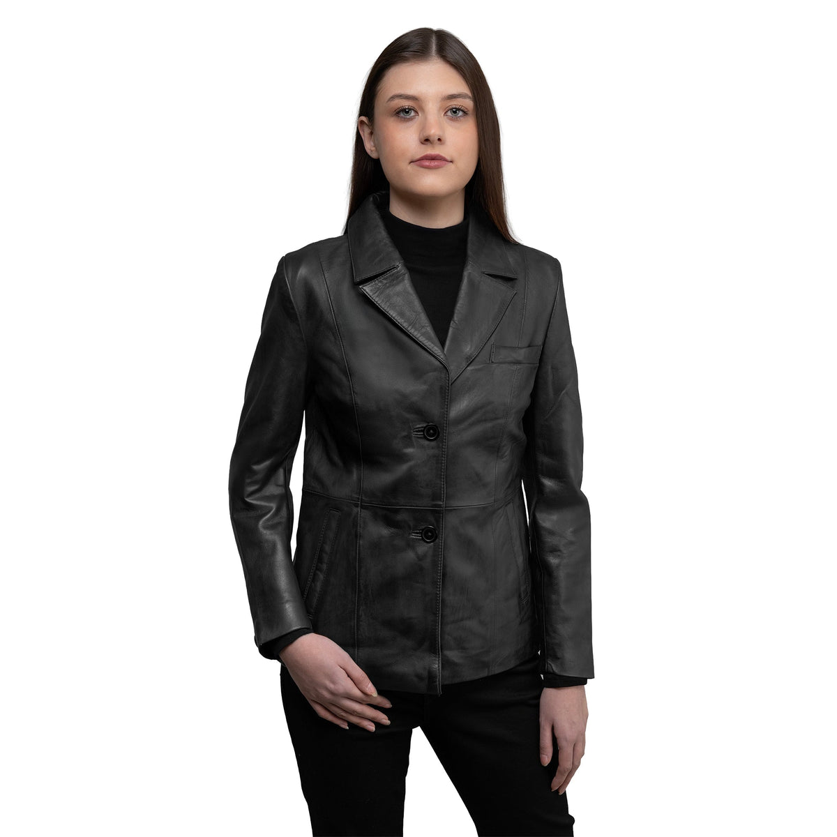 Whet Blu NYC Jill women's black lambskin leather blazer worn by model