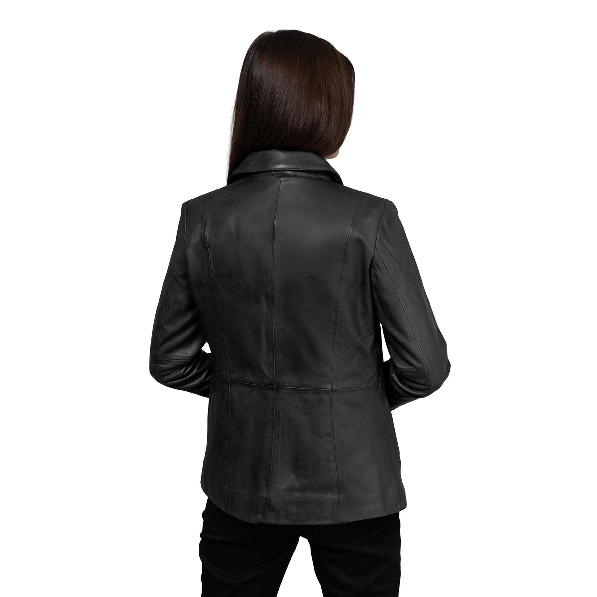 Whet Blu NYC Jill women's black lambskin leather blazer modeled front view