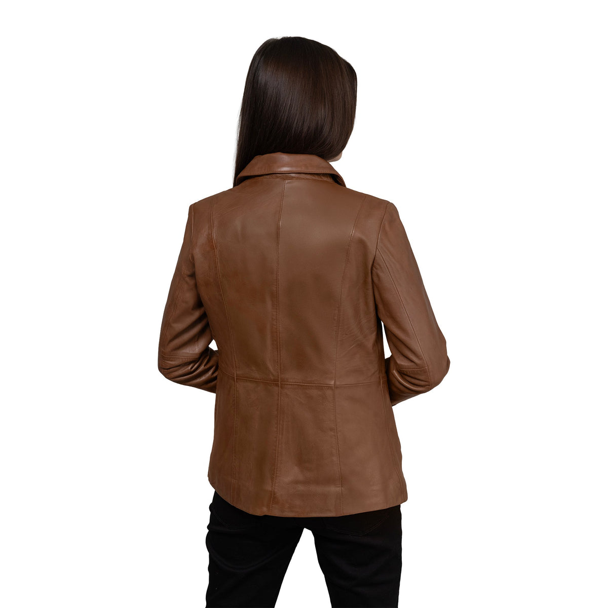 Whet Blu NYC Jill women's lambskin leather blazer in black, back view on model