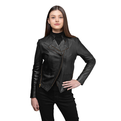Whet Blu NYC Claire women's black lambskin asymmetrical leather jacket on model