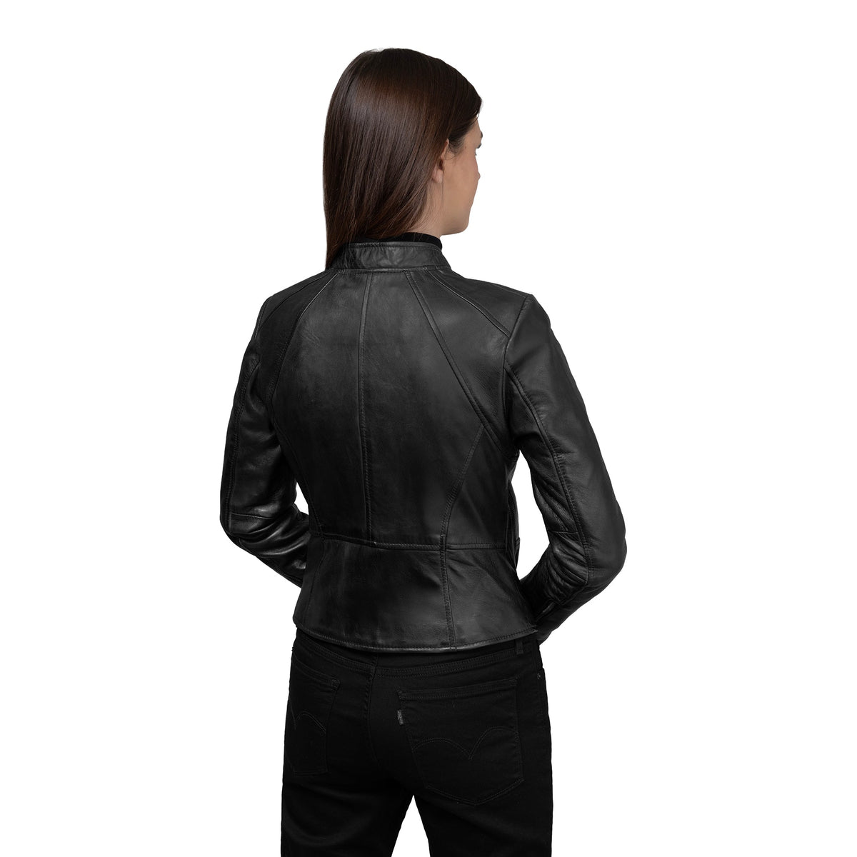 Whet Blu NYC Claire women's black lambskin asymmetrical leather jacket on model