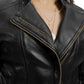 Whet Blu NYC Claire women's black lambskin asymmetrical leather jacket on model