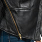 Whet Blu NYC Claire women's black lambskin asymmetrical leather jacket on model