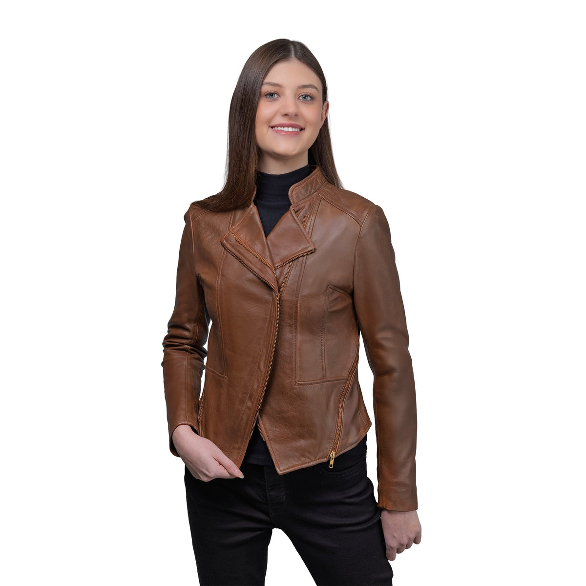 Whet Blu NYC Claire women's whiskey lambskin asymmetrical leather jacket front view