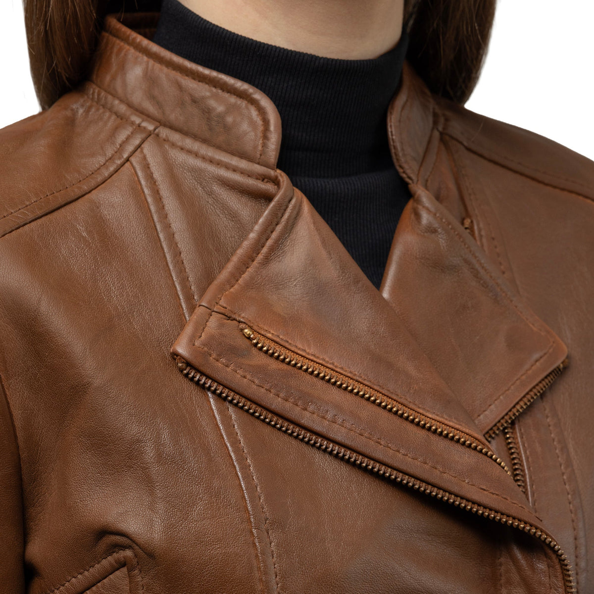 Whet Blu NYC Claire women's lambskin asymmetrical leather jacket in whiskey brown
