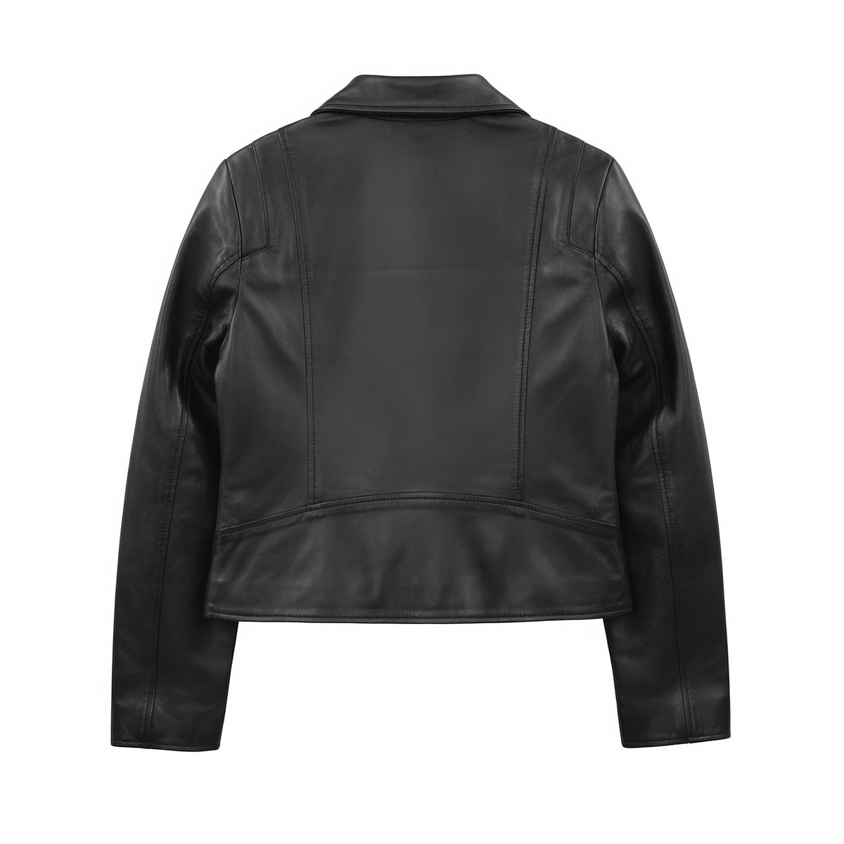 Back view of Whet Blu NYC Serena women's black asymmetrical leather jacket