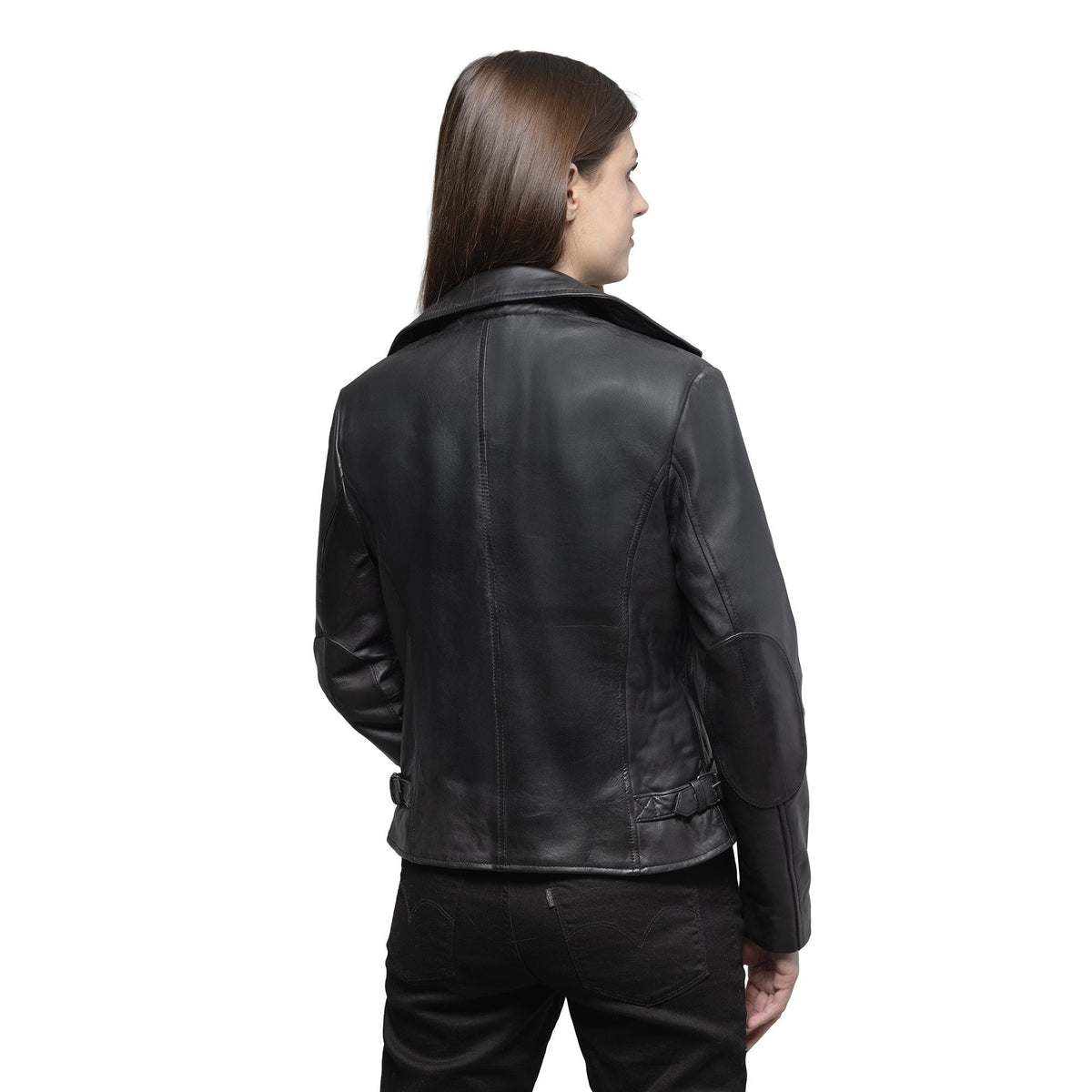 Whet Blu NYC Jolene women's black leather jacket back with asymmetrical zipper detail