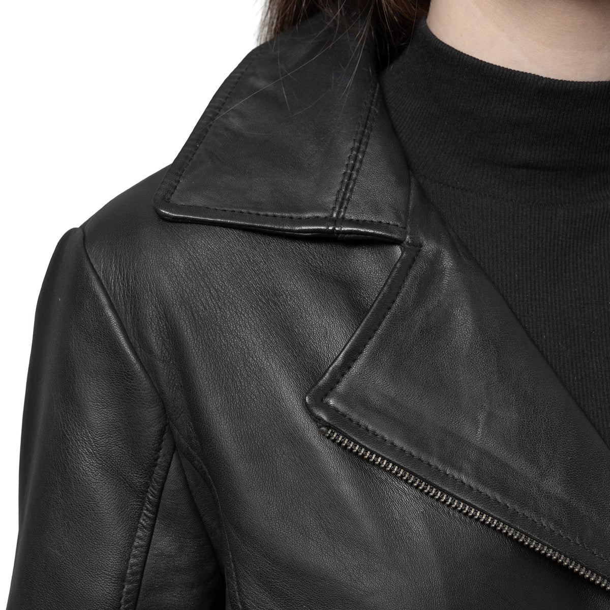 Whet Blu NYC Jolene women's black leather jacket with asymmetrical zipper and collar