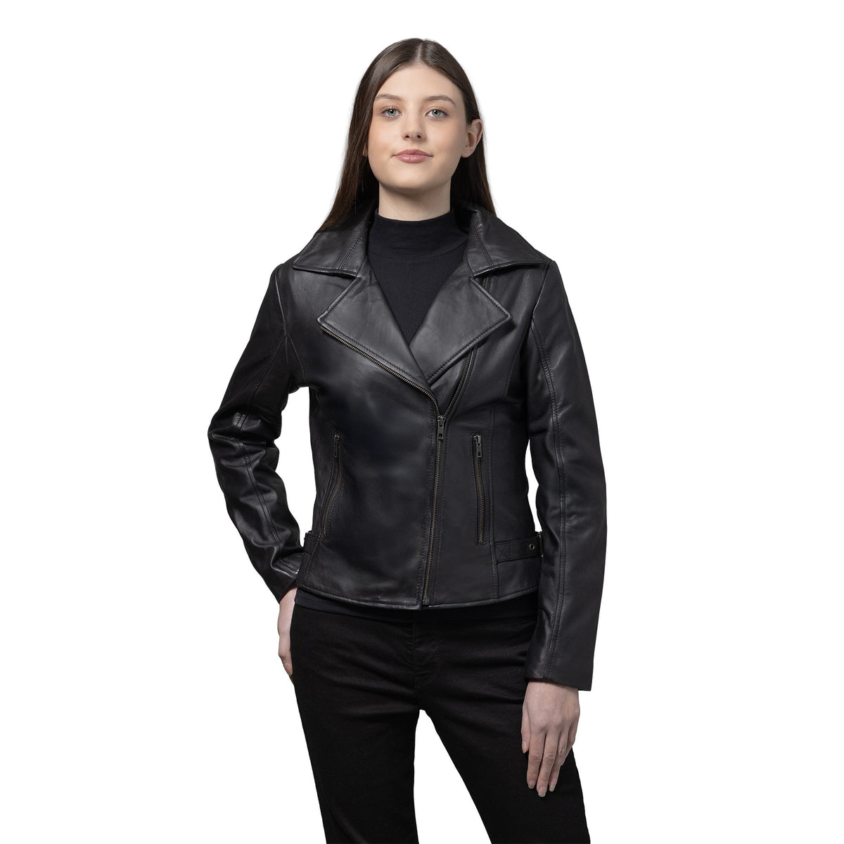 Whet Blu NYC Jolene women's asymmetrical zipper black leather jacket front view