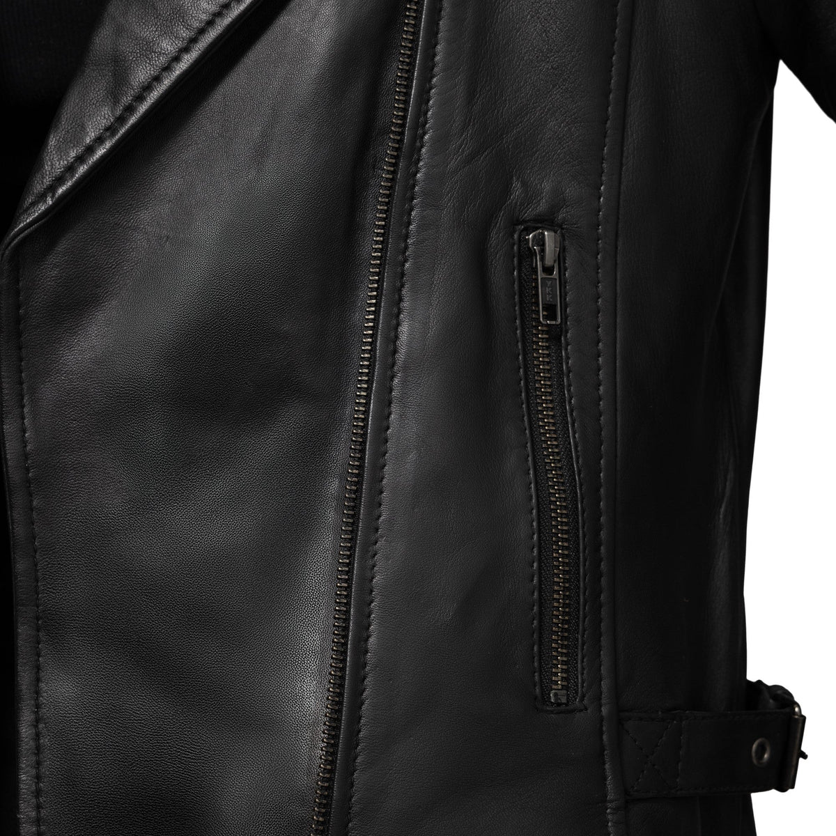 Whet Blu NYC Jolene women's black leather jacket with asymmetrical zipper and pocket detail