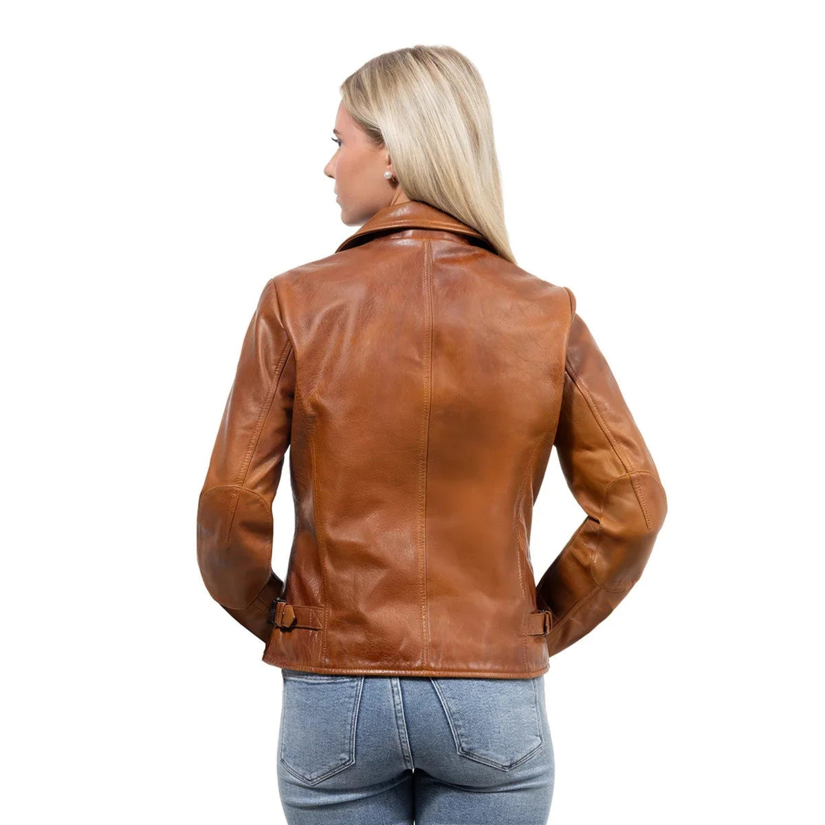 Whet Blu NYC Jolene women's cognac leather jacket back with asymmetrical zipper detailing