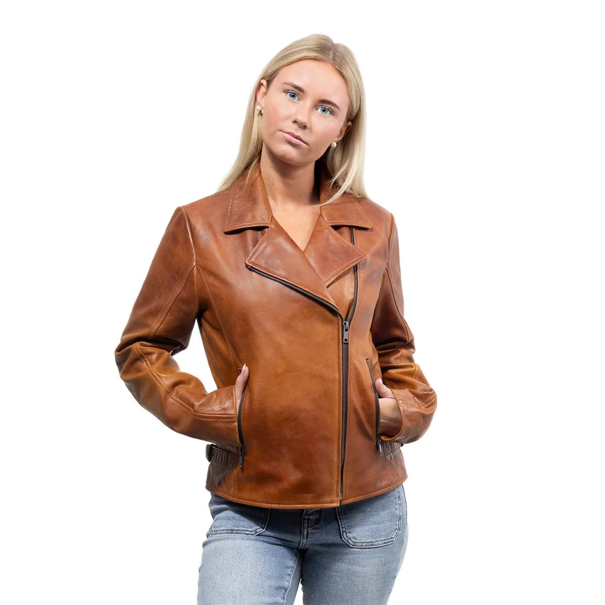 Whet Blu NYC Jolene women's cognac leather jacket with asymmetrical zipper, front view