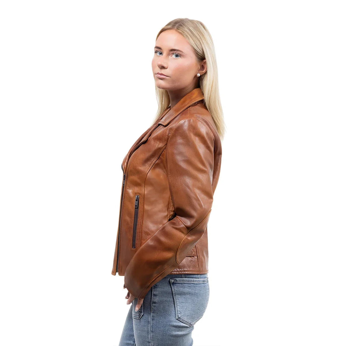 Whet Blu NYC Jolene women's cognac leather jacket with asymmetrical zipper, side view