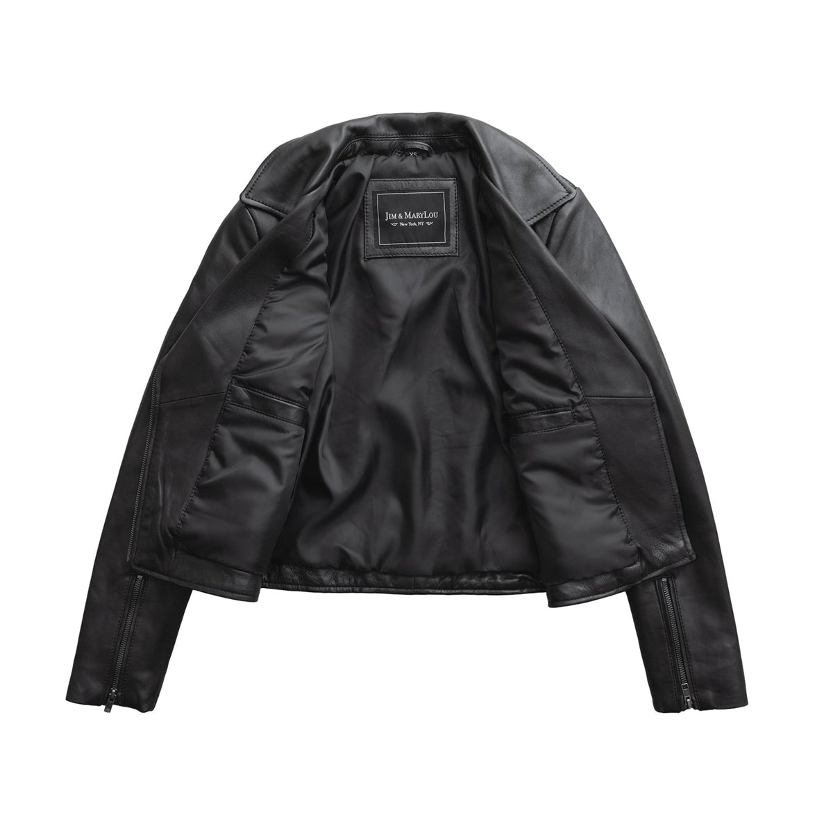 Whet Blu NYC Bethany women's asymmetrical leather jacket, interior view with lining and inner pockets