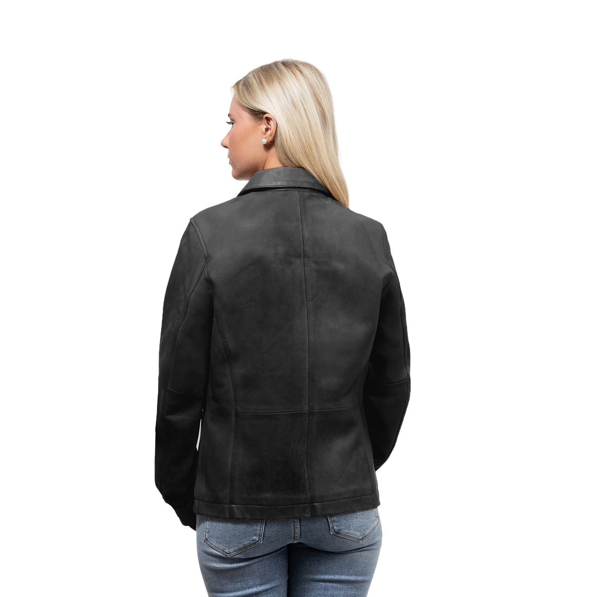 Whet Blu NYC Yolanda women's black center-zip leather jacket, back view