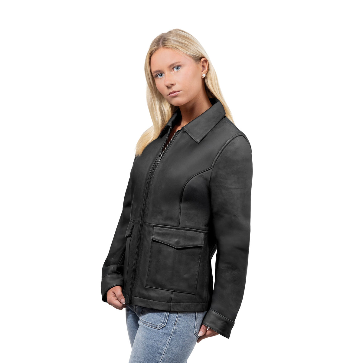Whet Blu NYC Yolanda women's black center-zip leather jacket front view