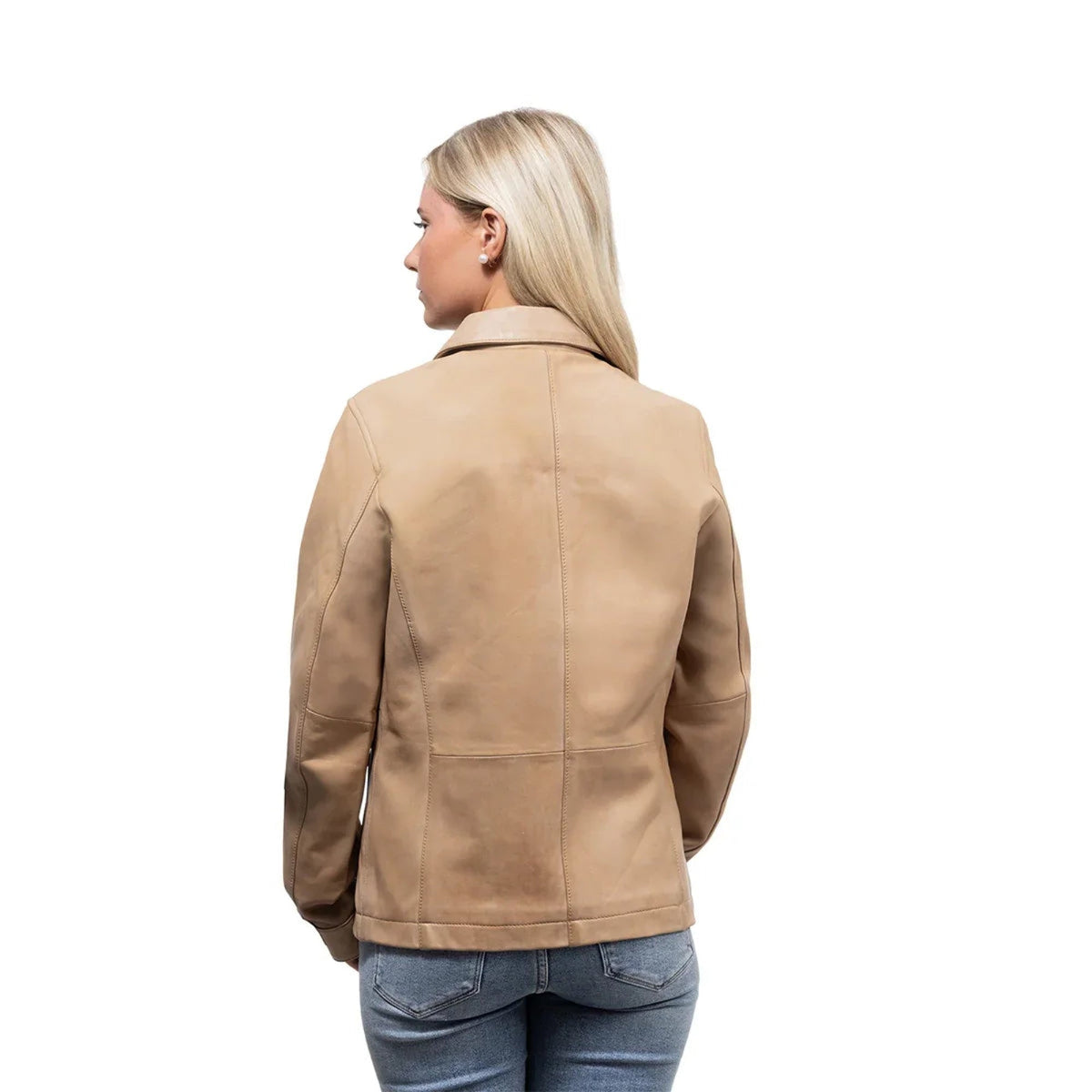 Whet Blu NYC Yolanda women's camel leather jacket, back view with center-zip design