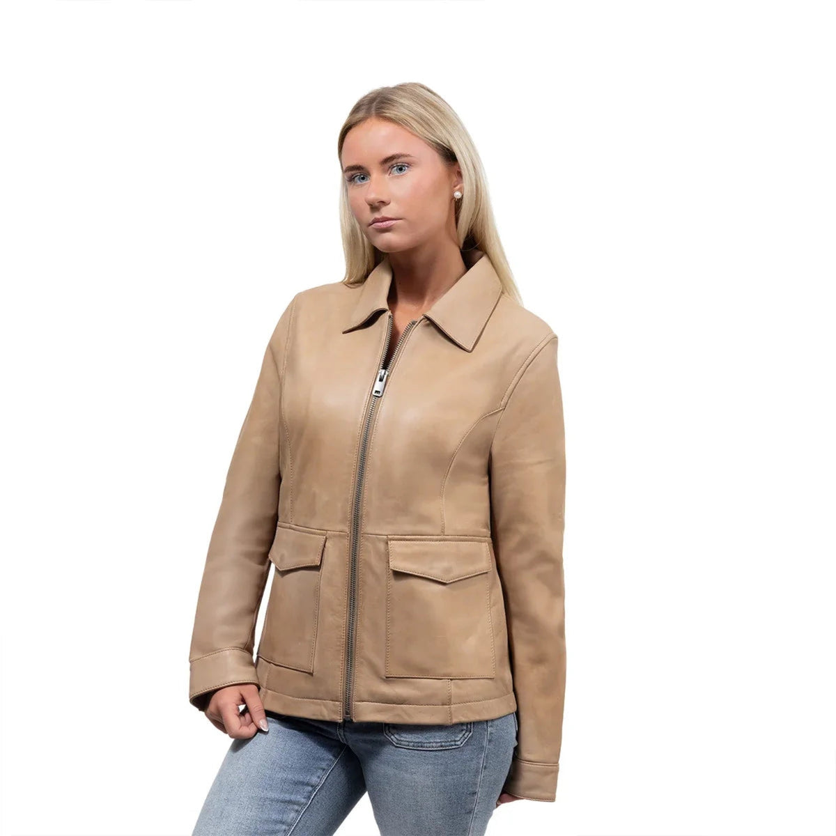 Whet Blu NYC Yolanda women's camel leather jacket, front view with center zip