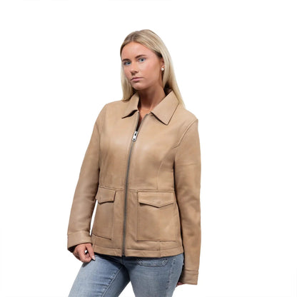 Whet Blu NYC Yolanda women's camel leather jacket, front view with center zip