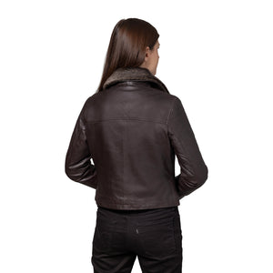 Sadie Women's Brown Leather Jacket with Faux Fur Collar