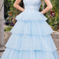 Juliet JT2452K Long Pleated Strapless Tiered Ruffle Tulle A-Line Gown