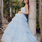 Juliet JT2452K Long Pleated Strapless Tiered Ruffle Tulle A-Line Gown
